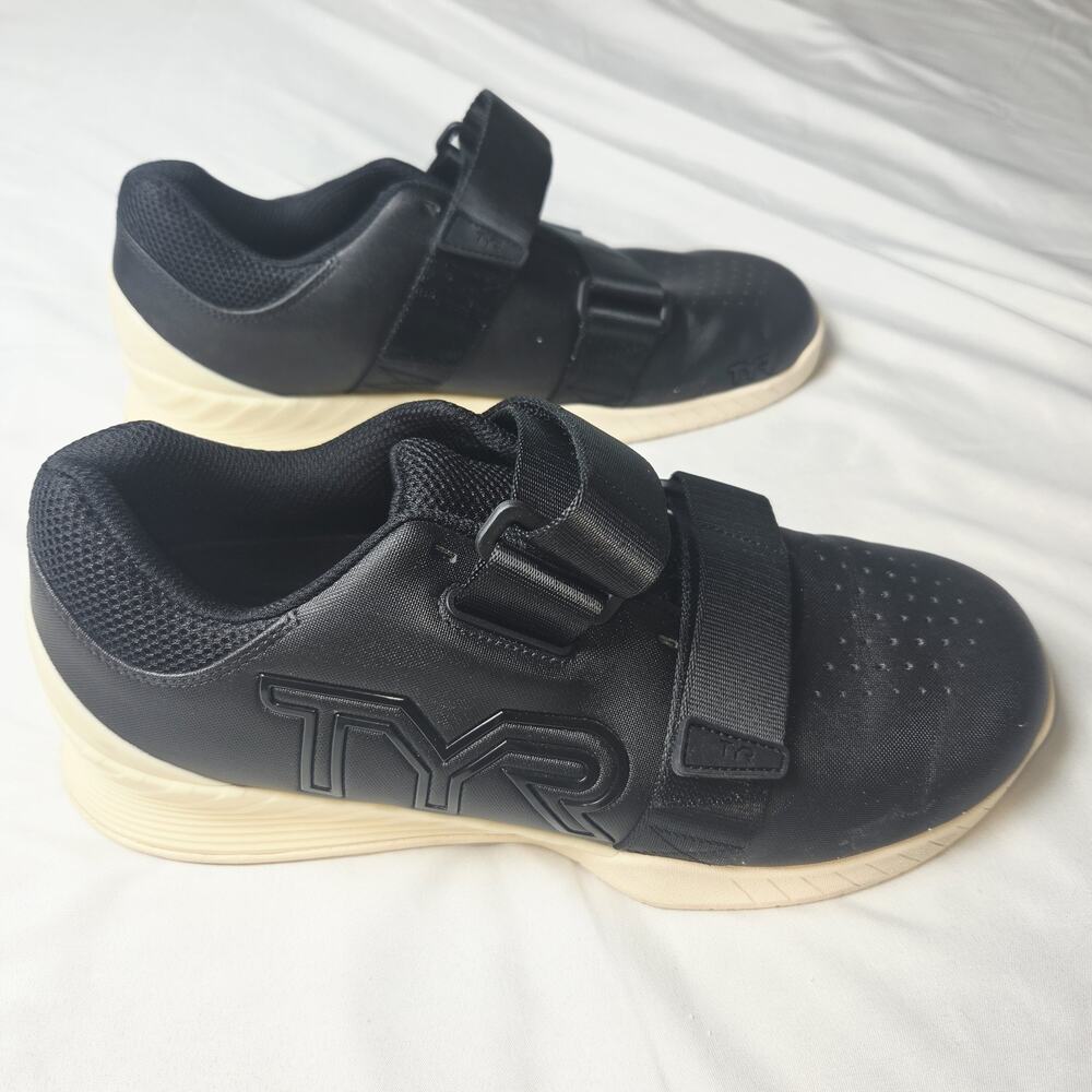 TYR L-1 Lifter Shoes Mens 9.5 Womans 11 Black Beige Weightlifting Gym Straps